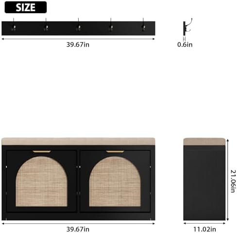 rattan narrow entryway bench with shoe storage, 2 shown in use