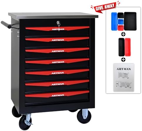 7 drawers rolling tool chest with wheels, stainless, package contents