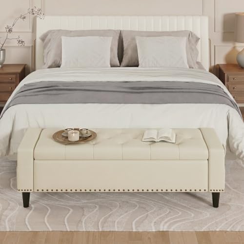 60" storage ottoman bench, faux leather upholstered bed, side view