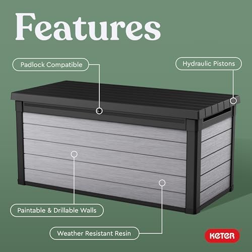 keter denali 150 gallon resin large deck box, close-up detail