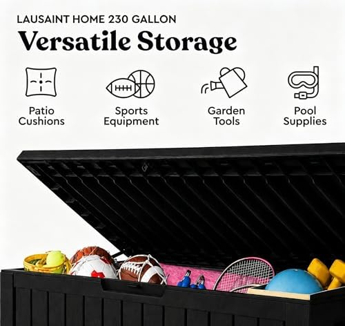 lausaint home 230 gallon resin deck box, package, close-up detail