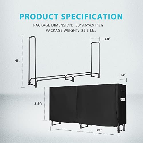 vivohome 8ft heavy duty indoor outdoor firewood storage showing dimensions
