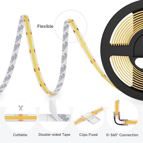 BTF-LIGHTING FCOB COB LED Strip Daylight White 5000K, UL Listed 480LED/m High Density Uniform Light, 16.4FT DC12V CRI 90+ 8mm Width Tape Light for Home Indoor DIY Lighting(No Adapter or Controller)