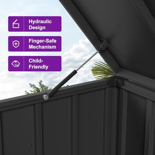 purple leaf outdoor deck box 150 gallon, waterproof showing dimensions