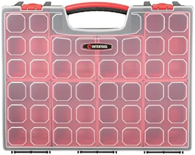 intertool hardware organizer with 8 deep removable bins, front angle view