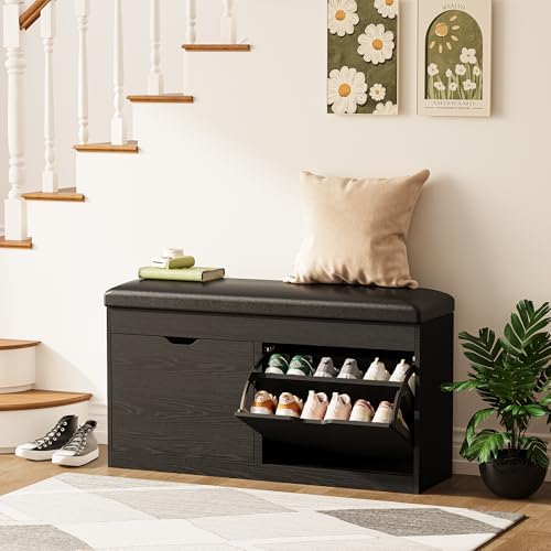 40" shoe storage bench with flip drawers padded, close-up detail