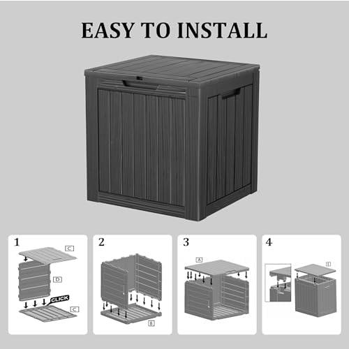 outdoor storage box, 35 gallon waterproof deck box on a desk or shelf