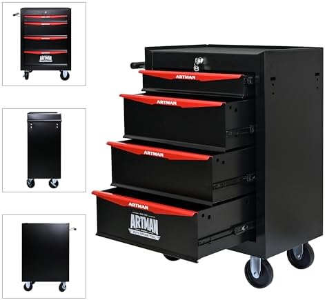 4-drawer rolling tool chest, lockable for garage,black showing dimensions
