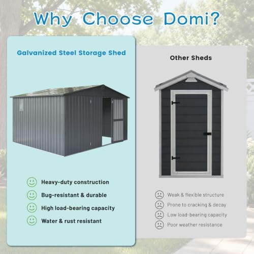 domi outdoor storage shed 11x9 ft, metal tool shown in use