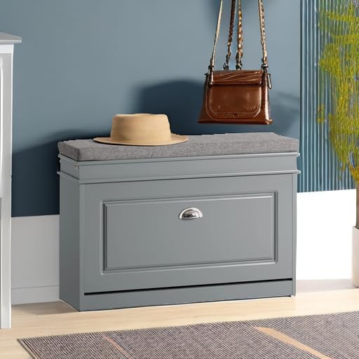 haotian shoe storage bench with cushion, grey narrow shown in use