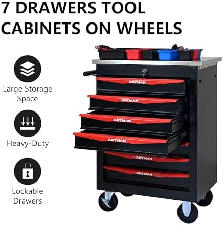 7 drawers rolling tool chest with wheels, stainless, front angle view