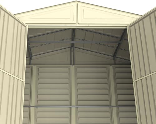 duramax 00283 woodbridge storage shed, off white, front angle view