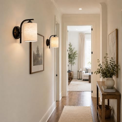 2-Pack Wall Sconces for Bedroom and Bathroom, Matte Black Farmhouse Wall Light Fixtures with Fabric Shade, Modern Vanity Wall Lamps for Living Room, Hallway, Kitchen
