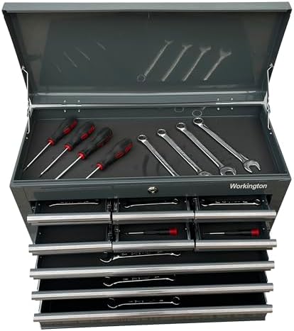 workington portable metal tool chest with 9 drawers showing dimensions