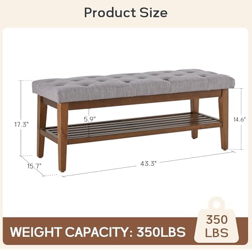 huimo upholstered entryway shoe bench, button tufted end shown in use