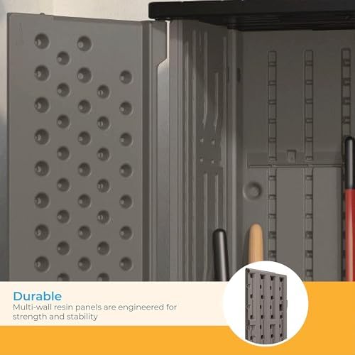 suncast 22 cu ft, vertical storage shed, pad-lockable on a desk or shelf