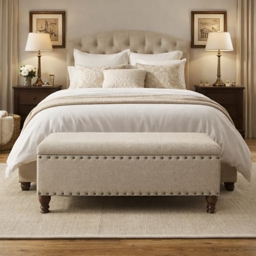 homepop large storage bench with nailhead trim shown in use
