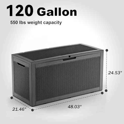 patiozen 120 gallon deck box,resin outdoor storage box shown in use