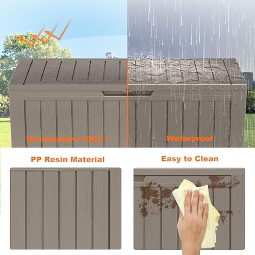 patiozen 90 gallon resin deck box, lockable patio showing dimensions