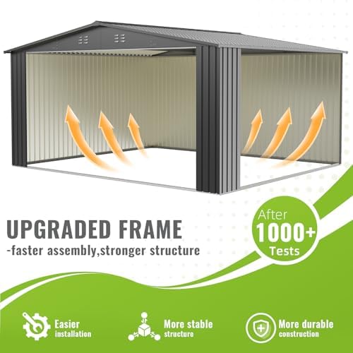 10x14 ft outdoor storage shed, durable metal outside on a desk or shelf