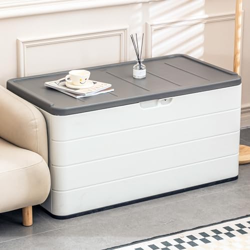 mrosaa 110 gallon deck box waterproof,double-wall resin outdoor shown in use