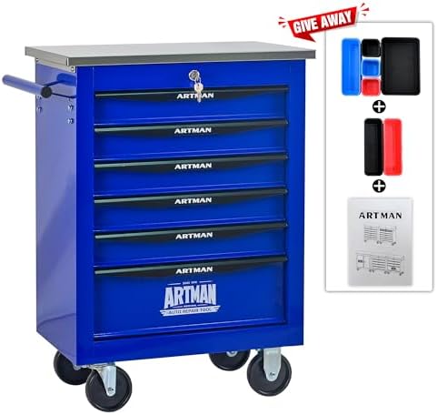 6-drawer rolling tool chest, blue & black modular, side view