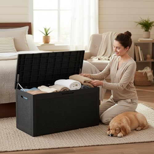102 gallon resin outdoor storage box, waterproof deck, front angle view