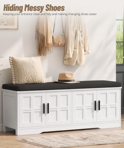 akxomel 47.2" shoe storage bench 4 doors wooden, side view