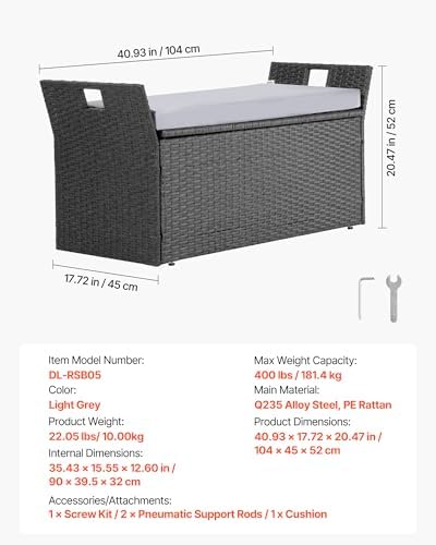 vevor outdoor storage bench, 2-person pe rattan storage, close-up detail