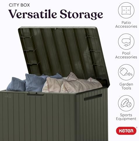 keter city 30 gal outdoor storage box and showing dimensions
