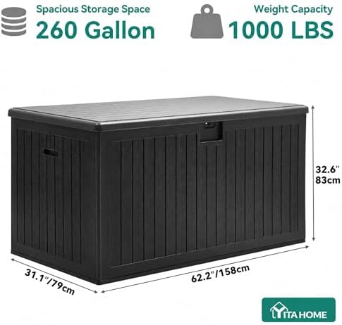 yitahome 260 gallon large deck box with divider on a desk or shelf