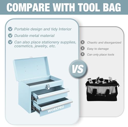 workpro portable mini metal tool box with 2 showing dimensions