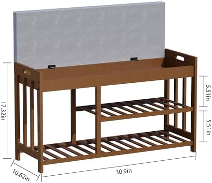 bamboo shoe storage bench with cushioned seat 3-tier, close-up detail