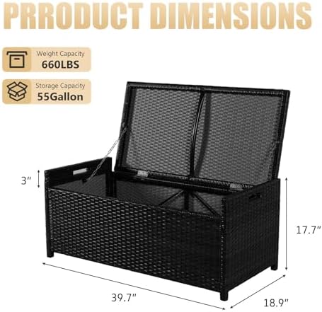 prohiker 2-in-1 wicker deck box bench, all-weather 55, side view