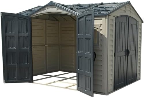 duramax apex pro 10.5x8 dual-access vinyl storage shed on a desk or shelf