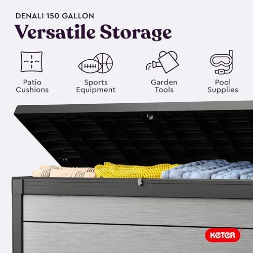 keter denali 150 gallon resin large deck box, side view