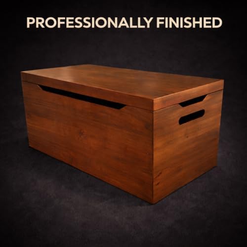 fully assembled, solid wood storage chest with lid, front angle view