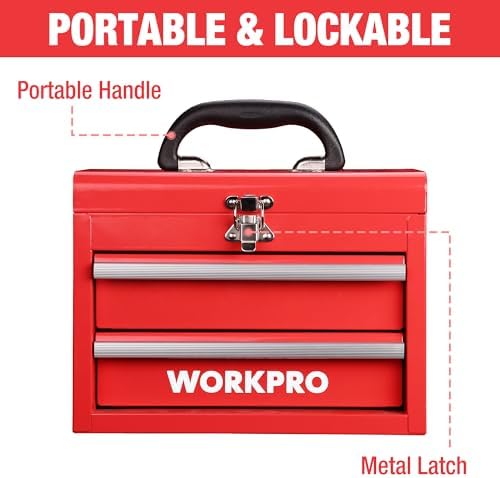 workpro portable mini metal tool box with 2, close-up detail