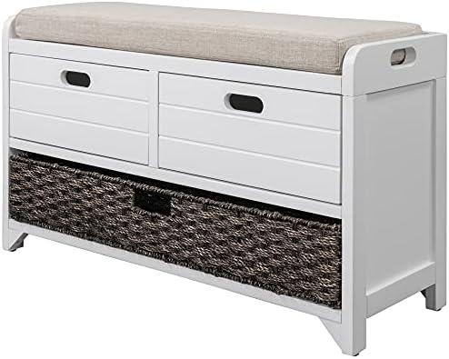 softsea storage bench with drawers and basket, farmhouse, close-up detail