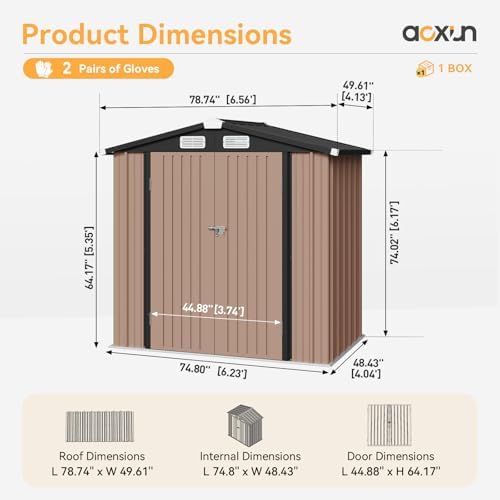 aoxun 6x4 ft metal outdoor steel shed brown, front angle view