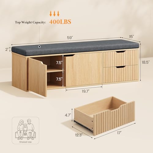 59" storage bench with drawer, 2-tier shoe bench shown in use