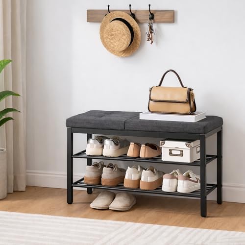 hoobro shoe bench, storage bench with cushion, entryway shown in use