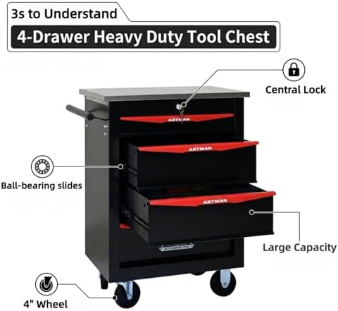 rolling tool chest,stainless steel worktop,black,4‑drawer, side view