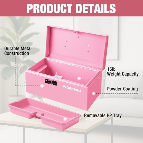 workpro 10.8" mini metal tool box with removable showing dimensions