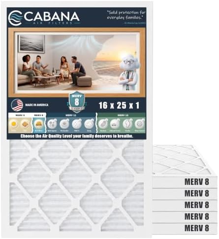 Cabana Filters 6-Pack 16x25x1 MERV 8 AC Furnace Air Filter for Home and Office - Indoor HVAC System Filtration Replacement, Captures Unwanted Particles