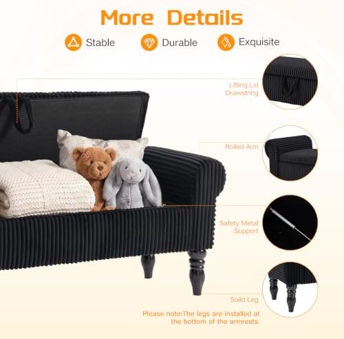 60" storage bench for bedroom,end of bed bench, close-up detail