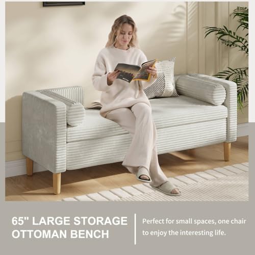 nioiikit 65" corduroy upholstered storage ottoman bench with, close-up detail