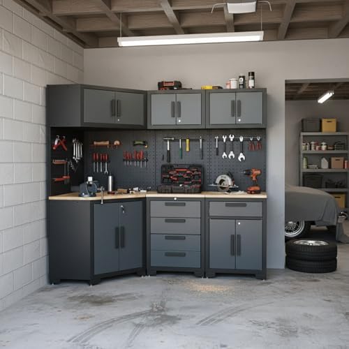 8-pcs garage storage cabinet system, black and grey shown in use