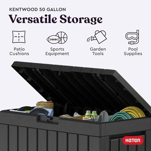 keter kentwood 50 gal outdoor storage box and, side view
