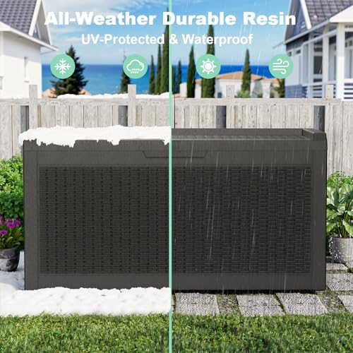 waterproof outdoor storage box, 70 gallon lockable deck on a desk or shelf
